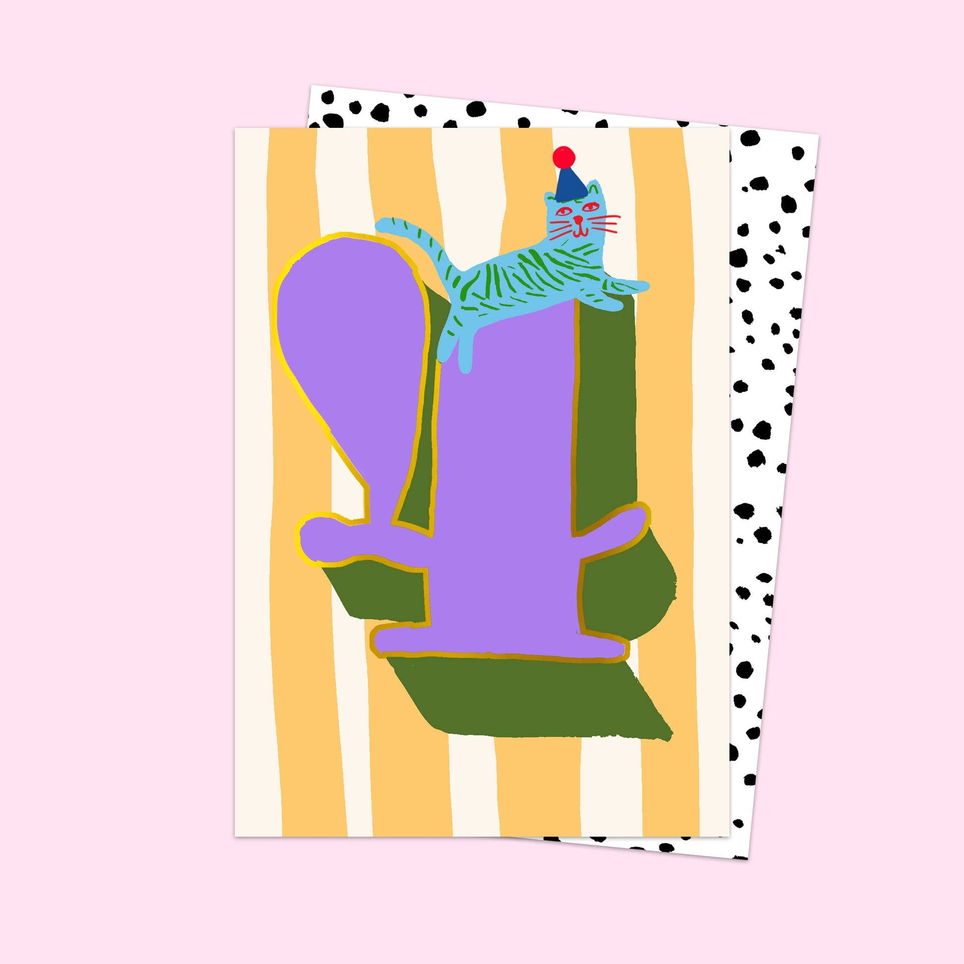 Colorful greeting card with abstract design and cat illustration on a pink background