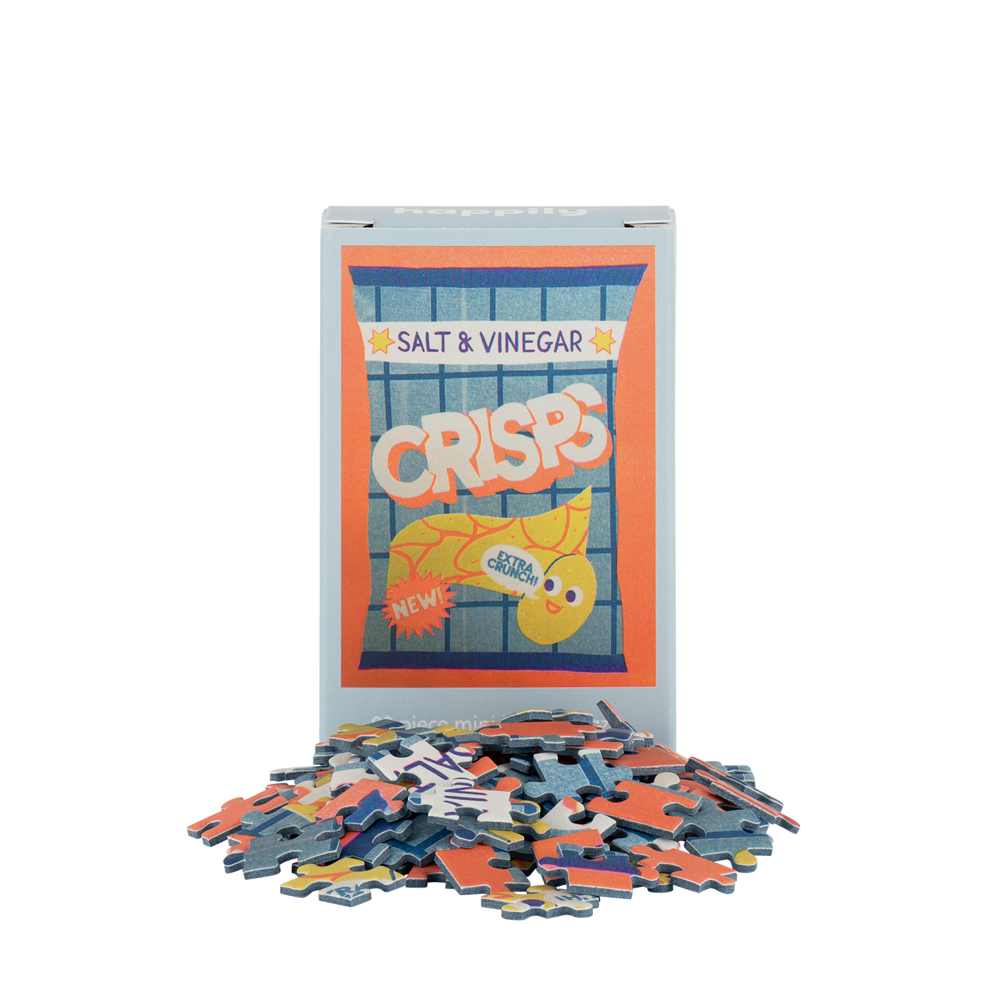 Puzzle with pieces scattered around, featuring a Salt & Vinegar Crisps packaging design.