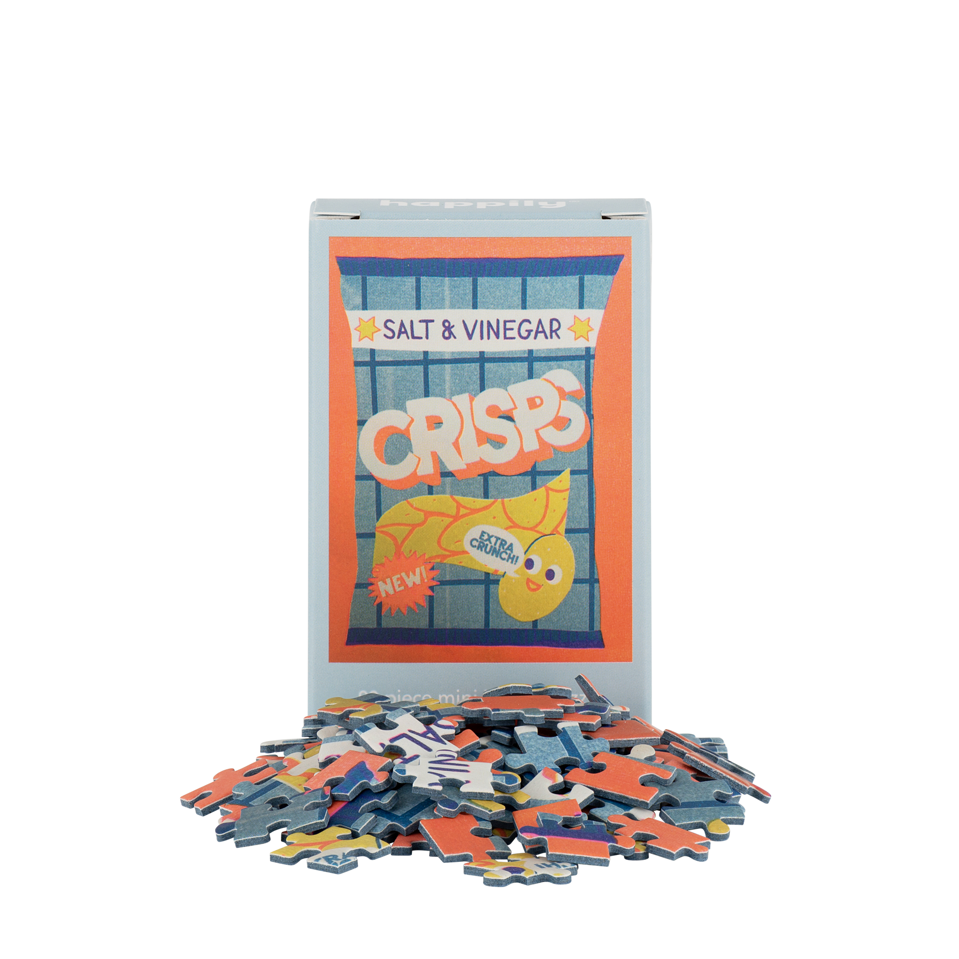 Puzzle with pieces scattered around, featuring a Salt & Vinegar Crisps packaging design.