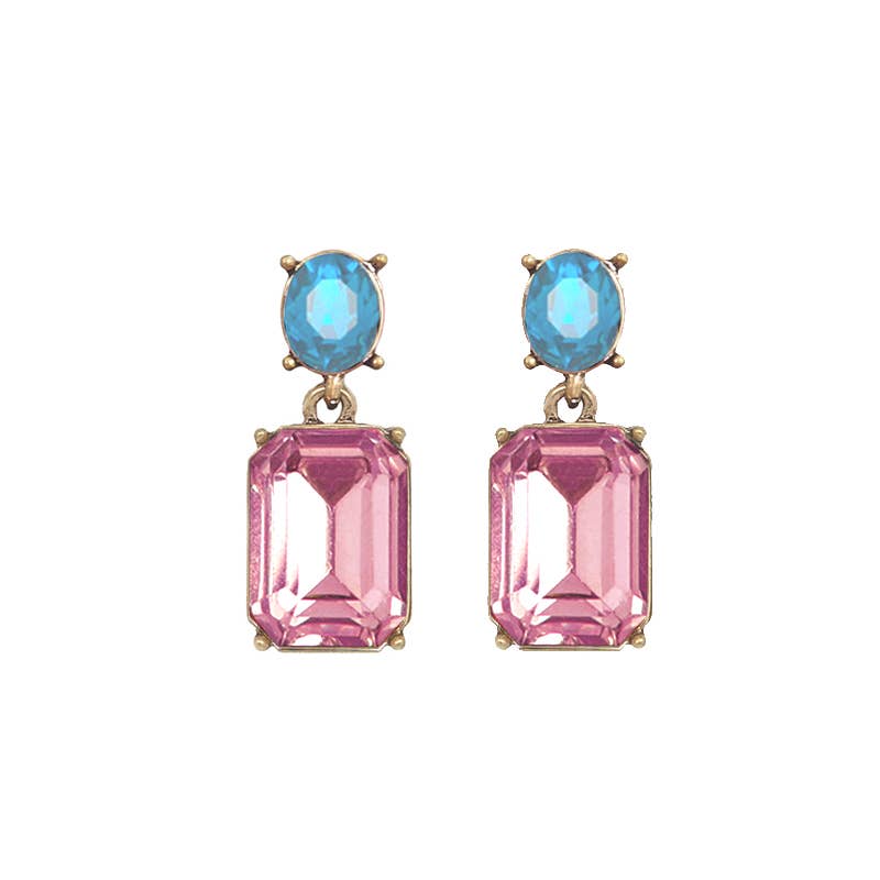 Pair of earrings with pink and blue gemstones on a white background