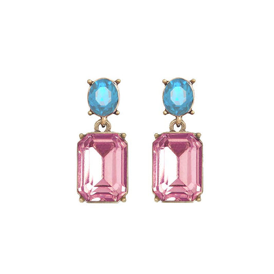 Pair of earrings with pink and blue gemstones on a white background