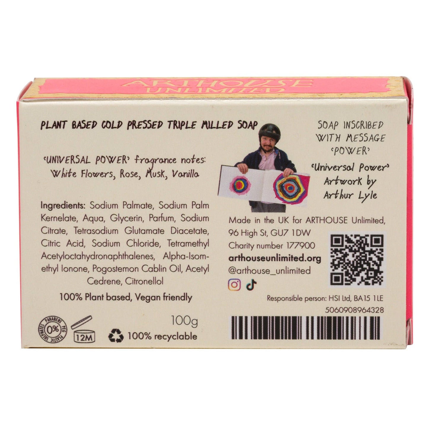 Back of a soap packaging with text and branding details on a white background