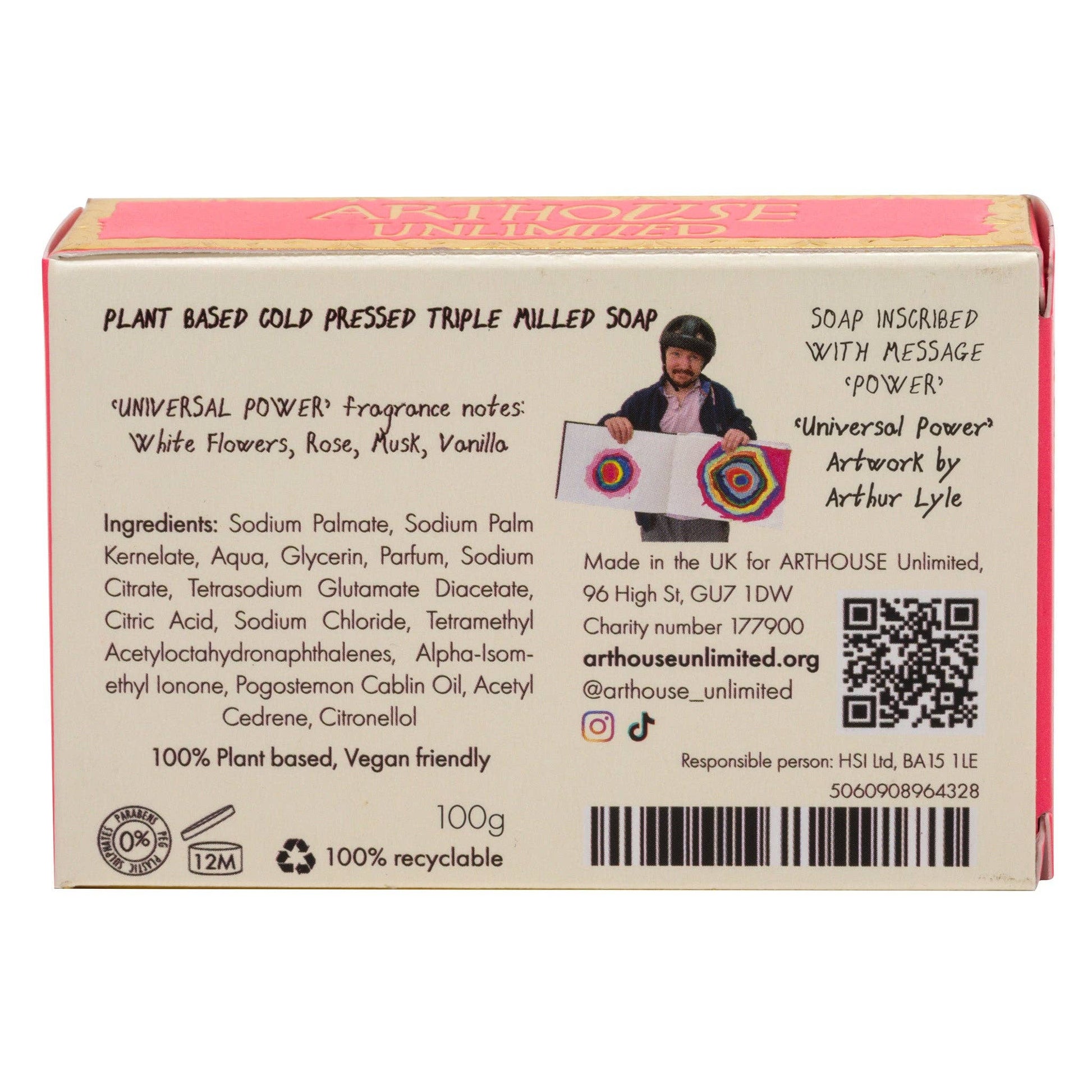 Back of a soap packaging with text and branding details on a white background