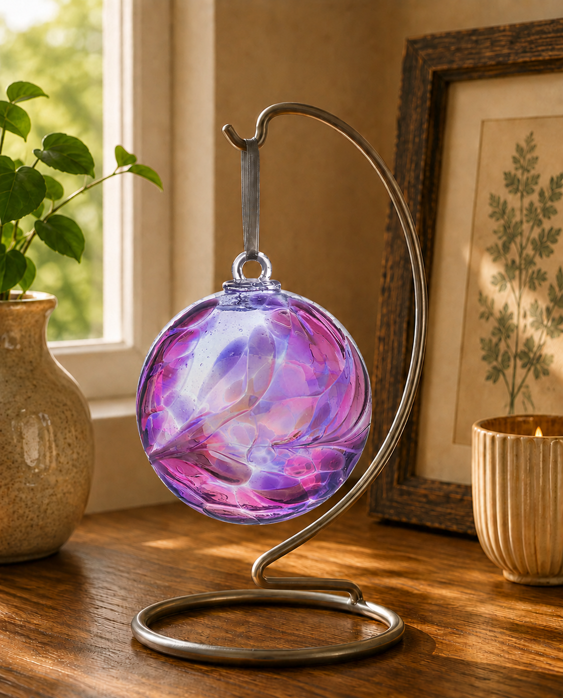 glass bauble hanging on a metal hanger on a wooden side board with vase and candle.