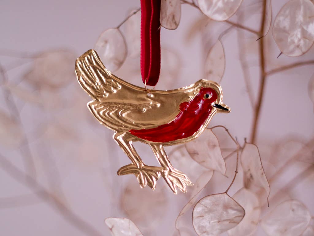 Christmas tree, tin embossed handmade robin with ribbon.