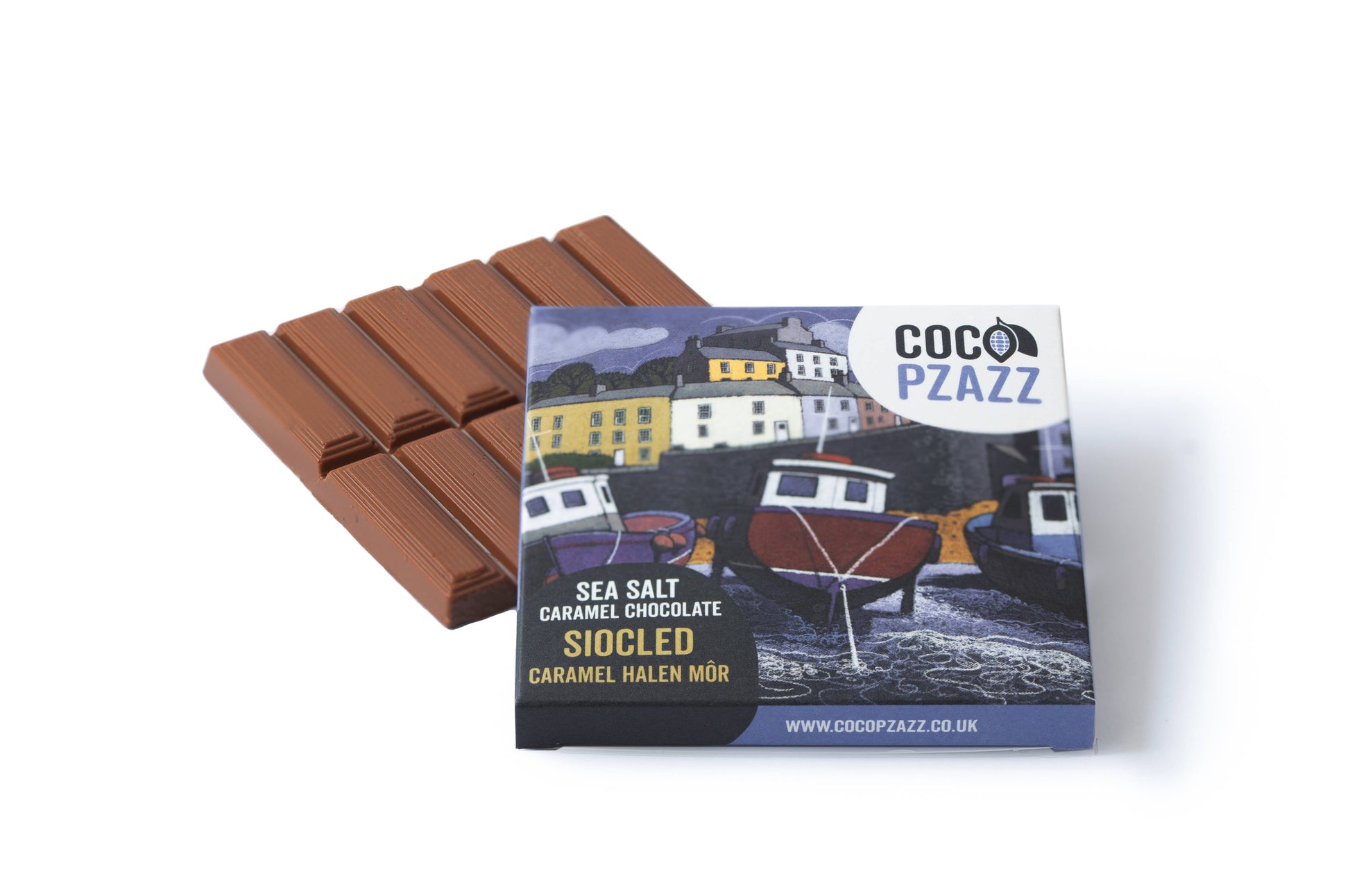 Coco Plazz sea salt caramel chocolate bars with packaging on a white background
