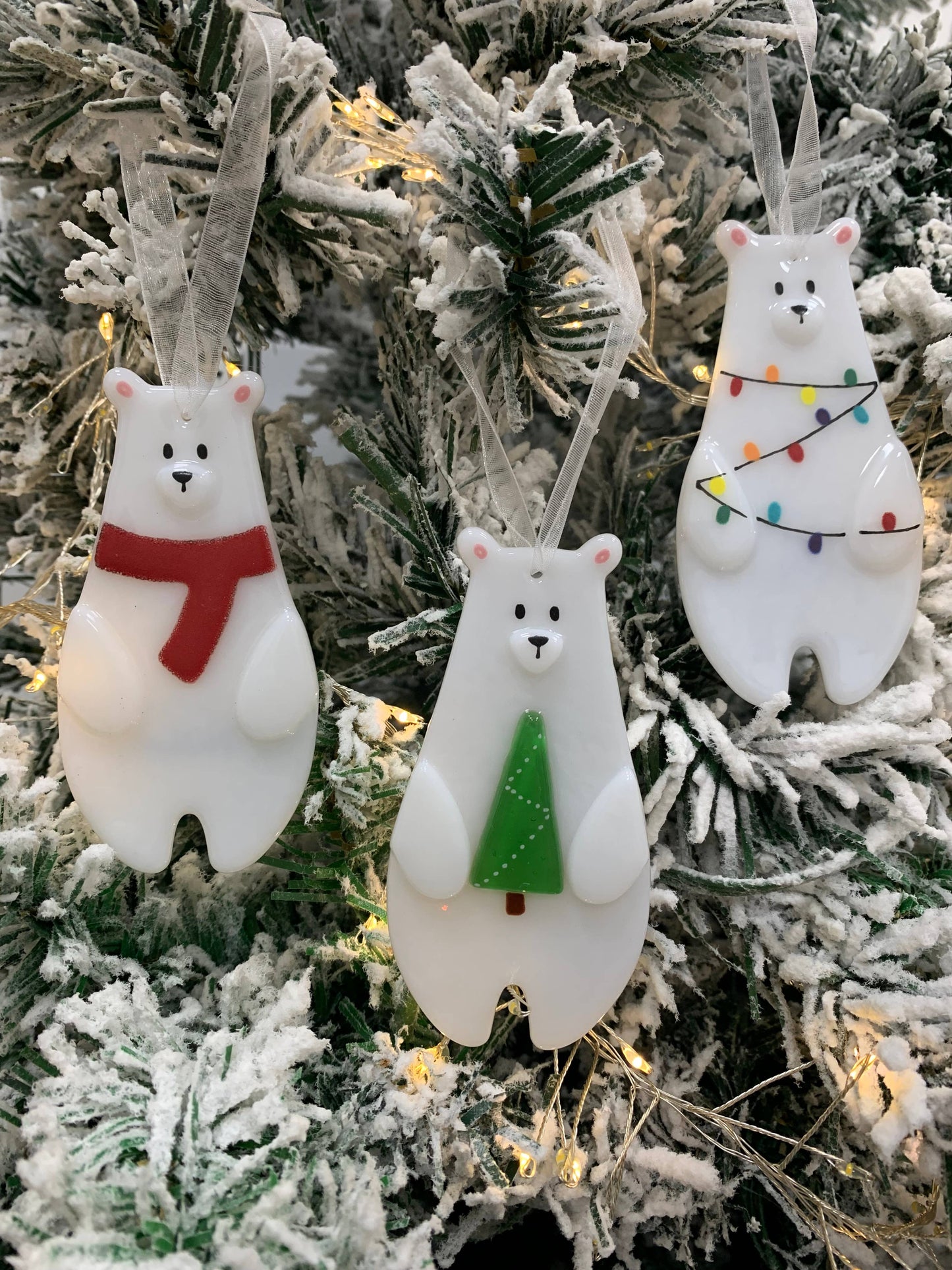 Handmade Fused Glass Polar Bear Fairy Light Tree Decoration