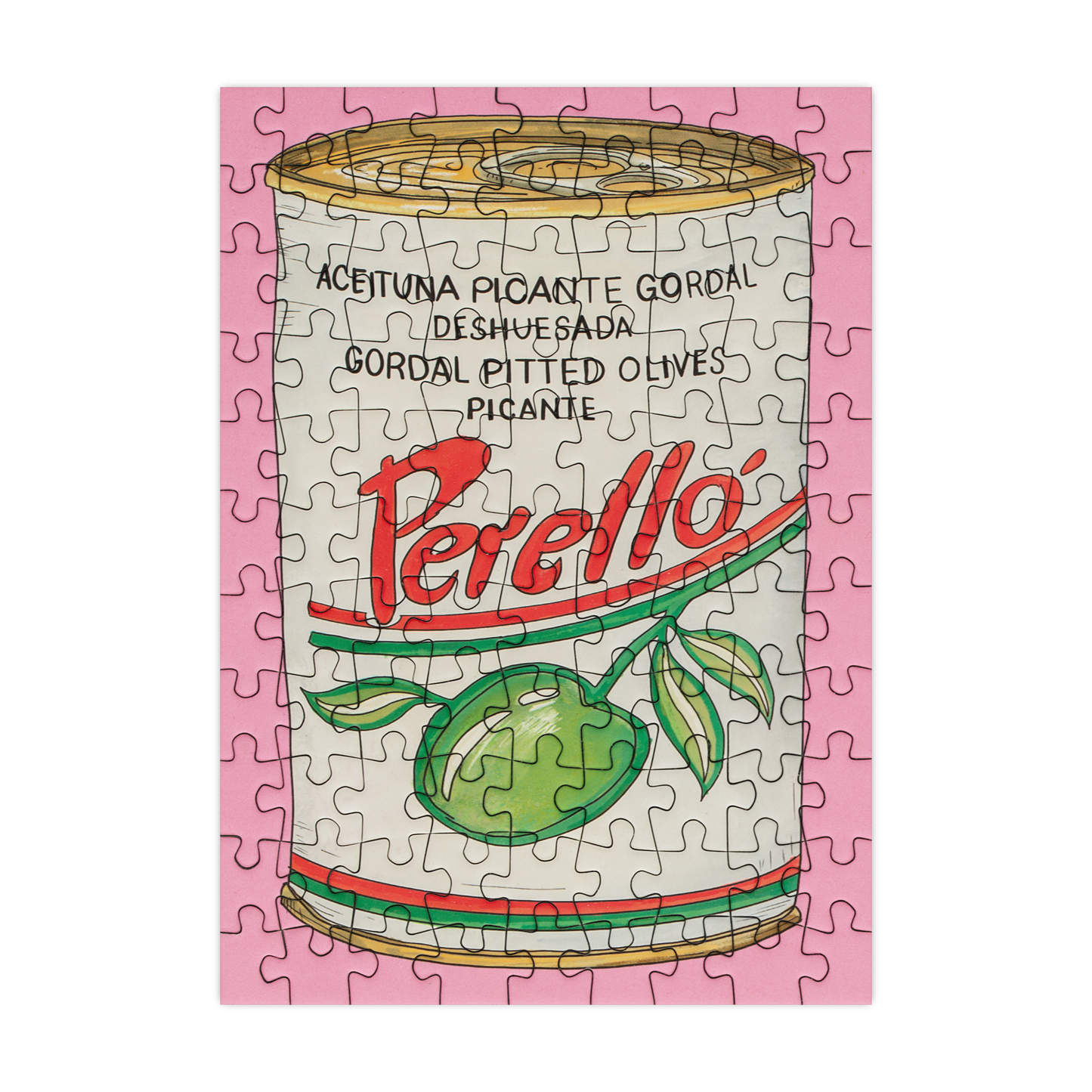 Puzzle with a Perello olives can design on a pink border