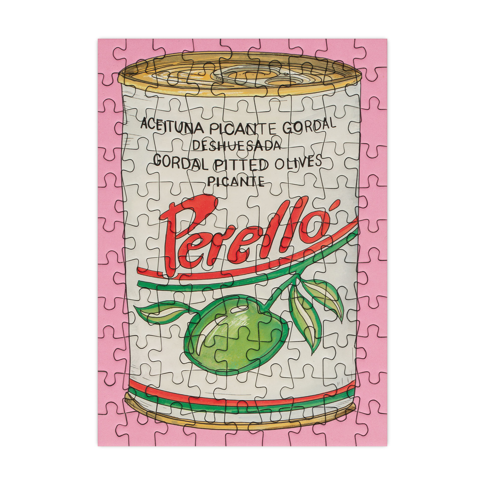 Puzzle with a Perello olives can design on a pink border