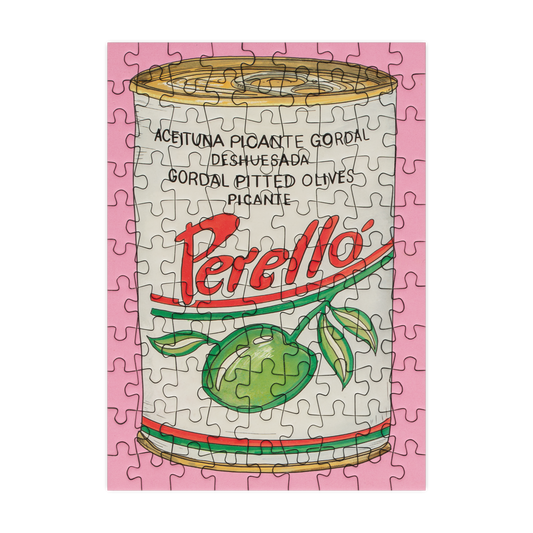 Puzzle with a Perello olives can design on a pink border