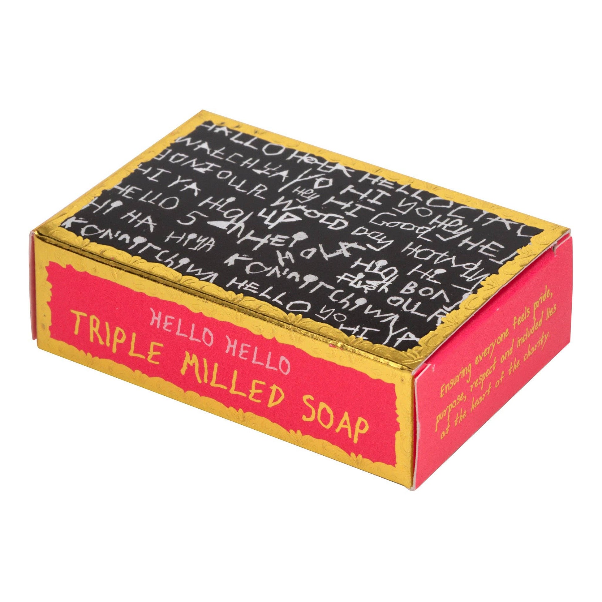 Triple milled soap bar in a colorful box with text on a white background