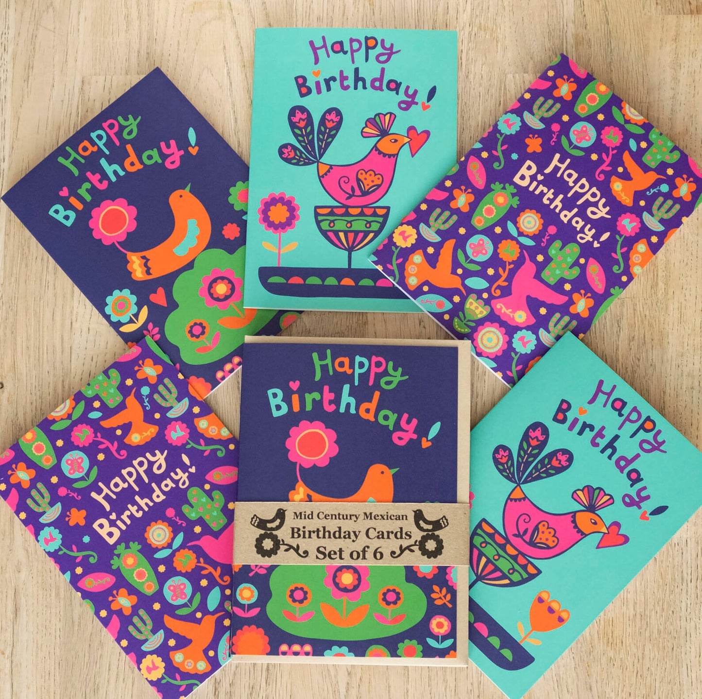A set of 6 brightly coloured Mid Century Mexican inspired flora and bird designs.
