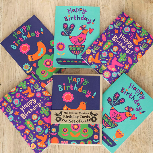 A set of 6 brightly coloured Mid Century Mexican inspired flora and bird designs.