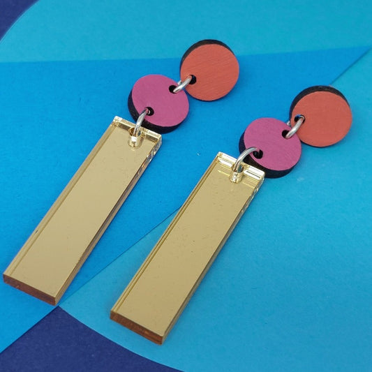 Dangly earrings with pink and orange circles and gold mirror  long rectangles