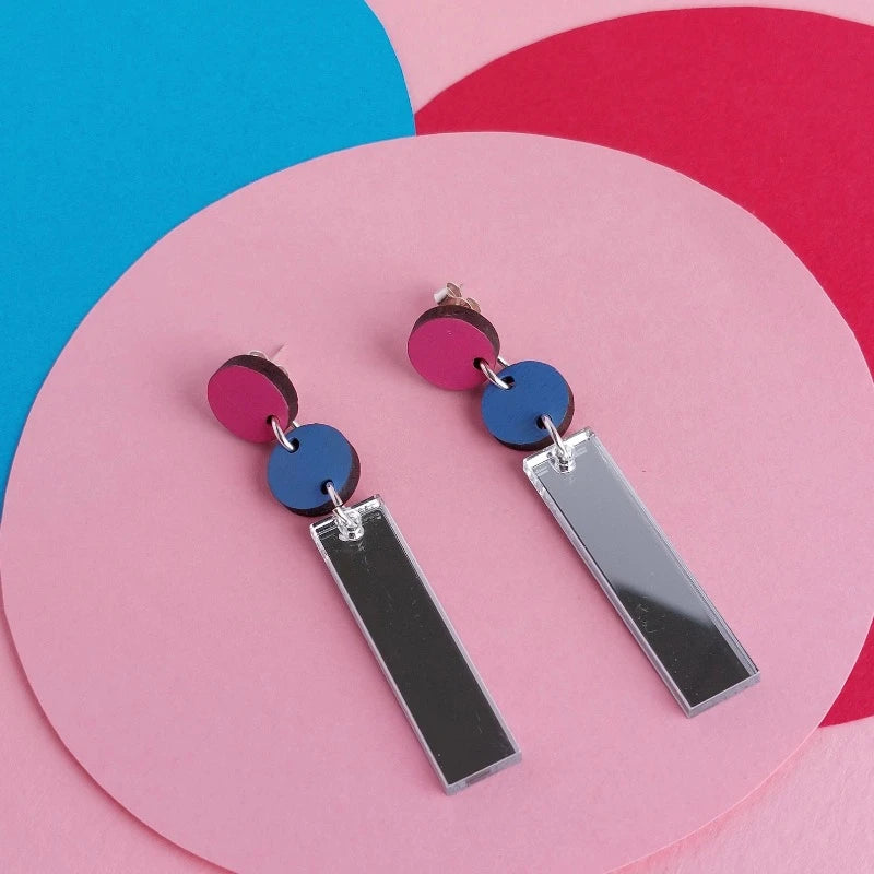 Colourful Dots and Silver Mirror Rectangle Earrings