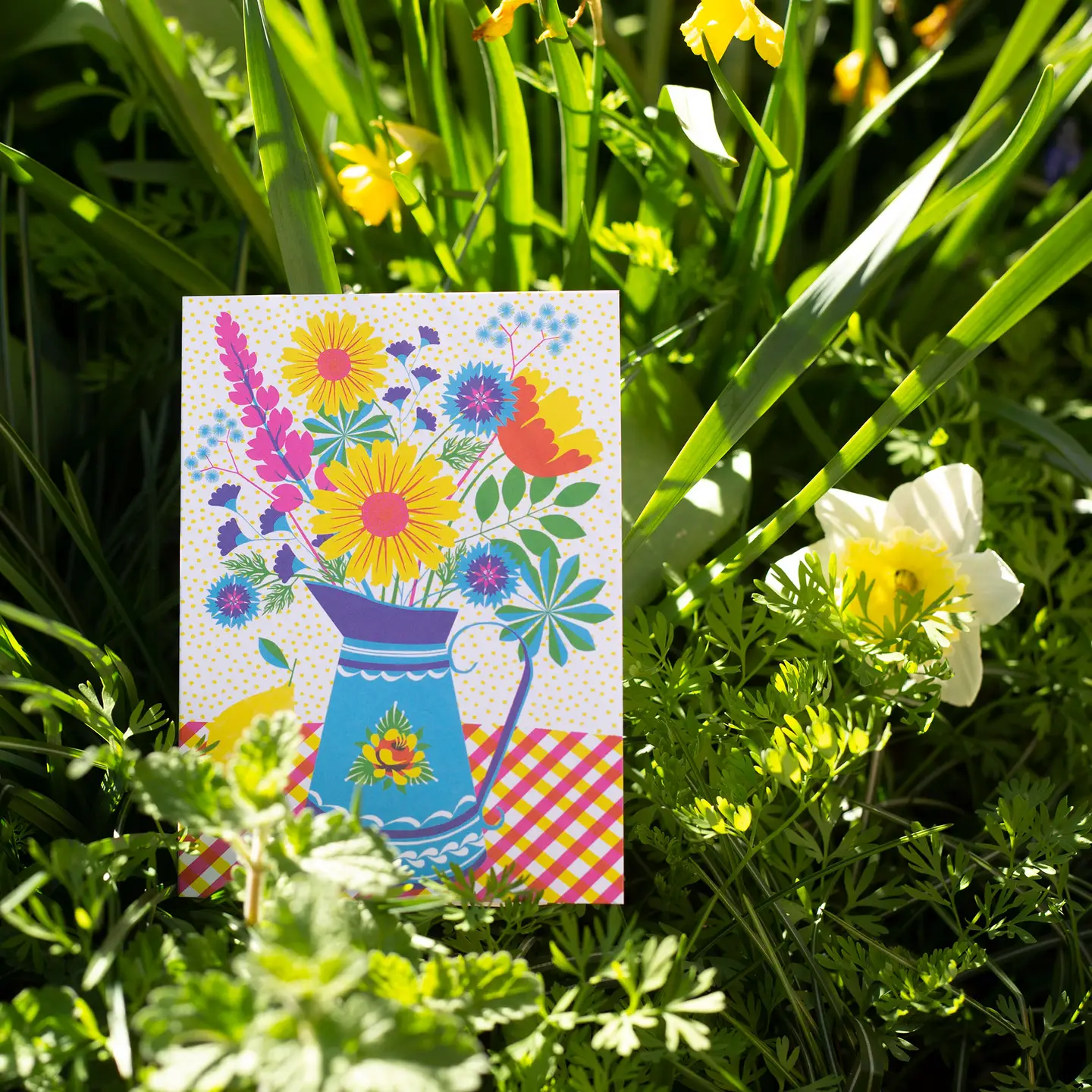 Risograph print card. Summer blooms vibrant colours of flowers in an enamel jug