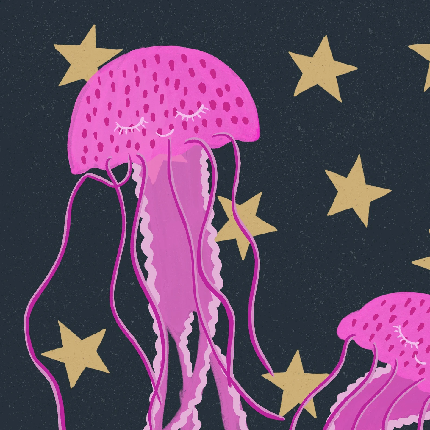 Pink jellyfish illustration with gold stars on a dark background