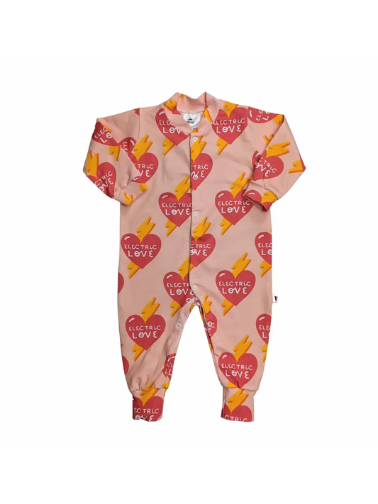 Long sleeved sleepsuit with hearts and lightning bolts with Electric Love in each heart.