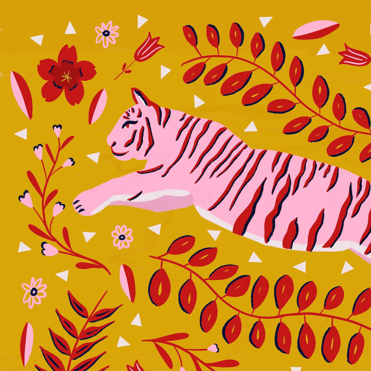 Pink tiger surrounded by red flowers and leaves on a yellow background