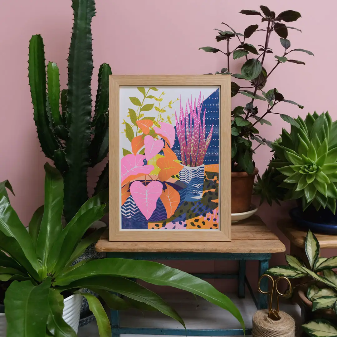 vibrant risogragh print of houseplants