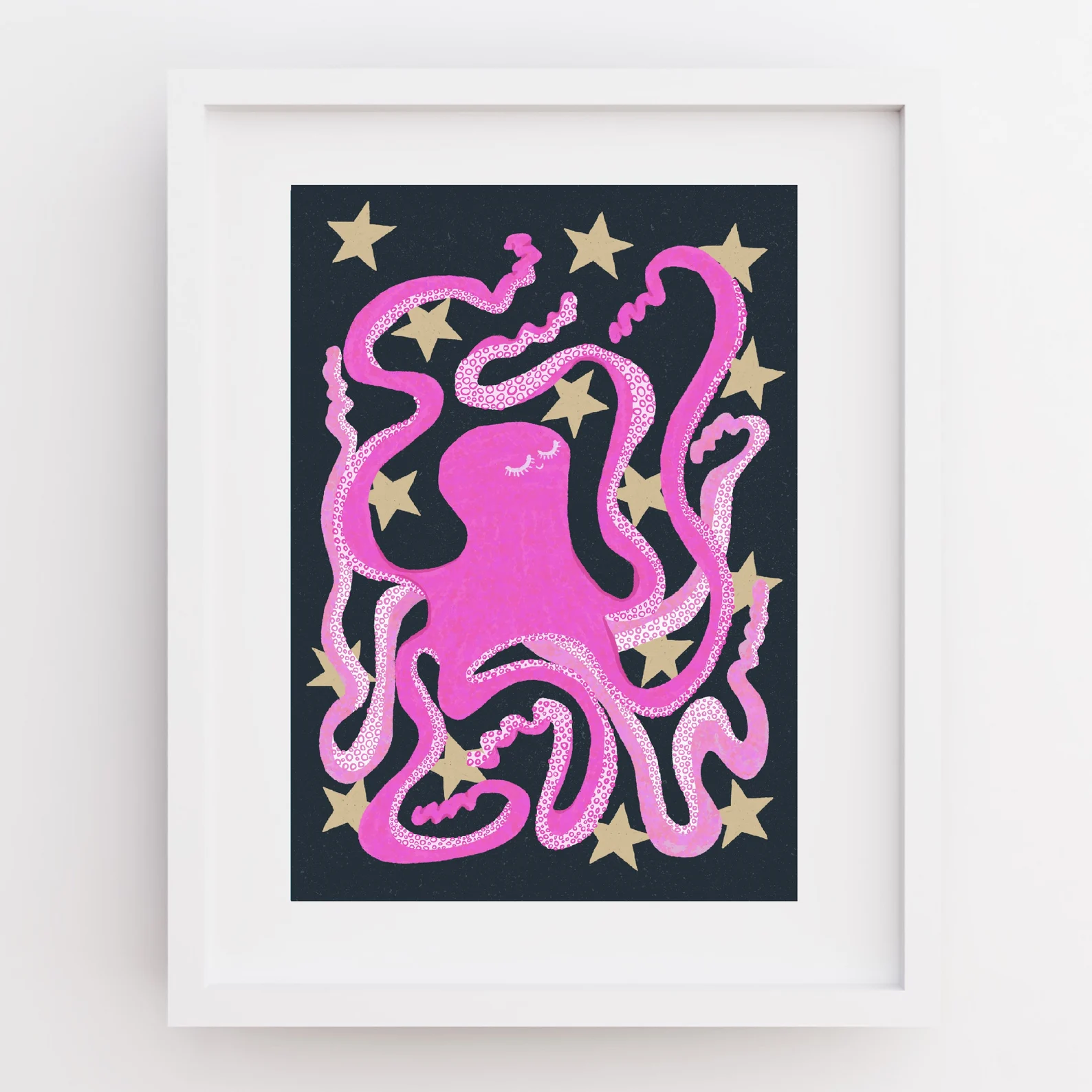 Artwork of a pink octopus with gold stars on a black background