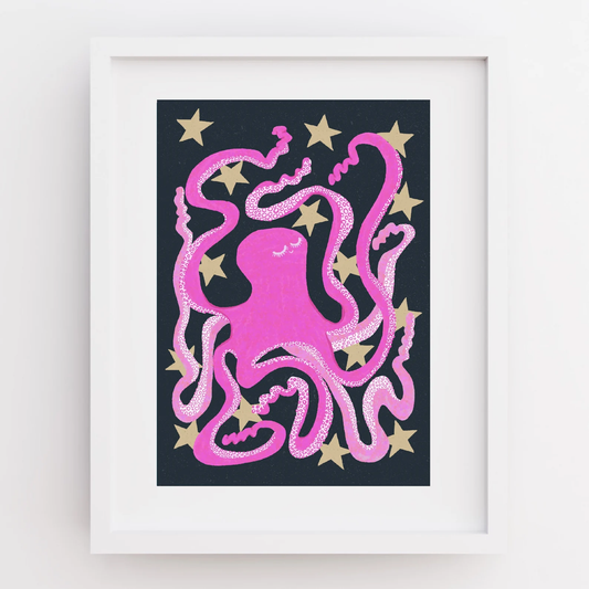 Artwork of a pink octopus with gold stars on a black background