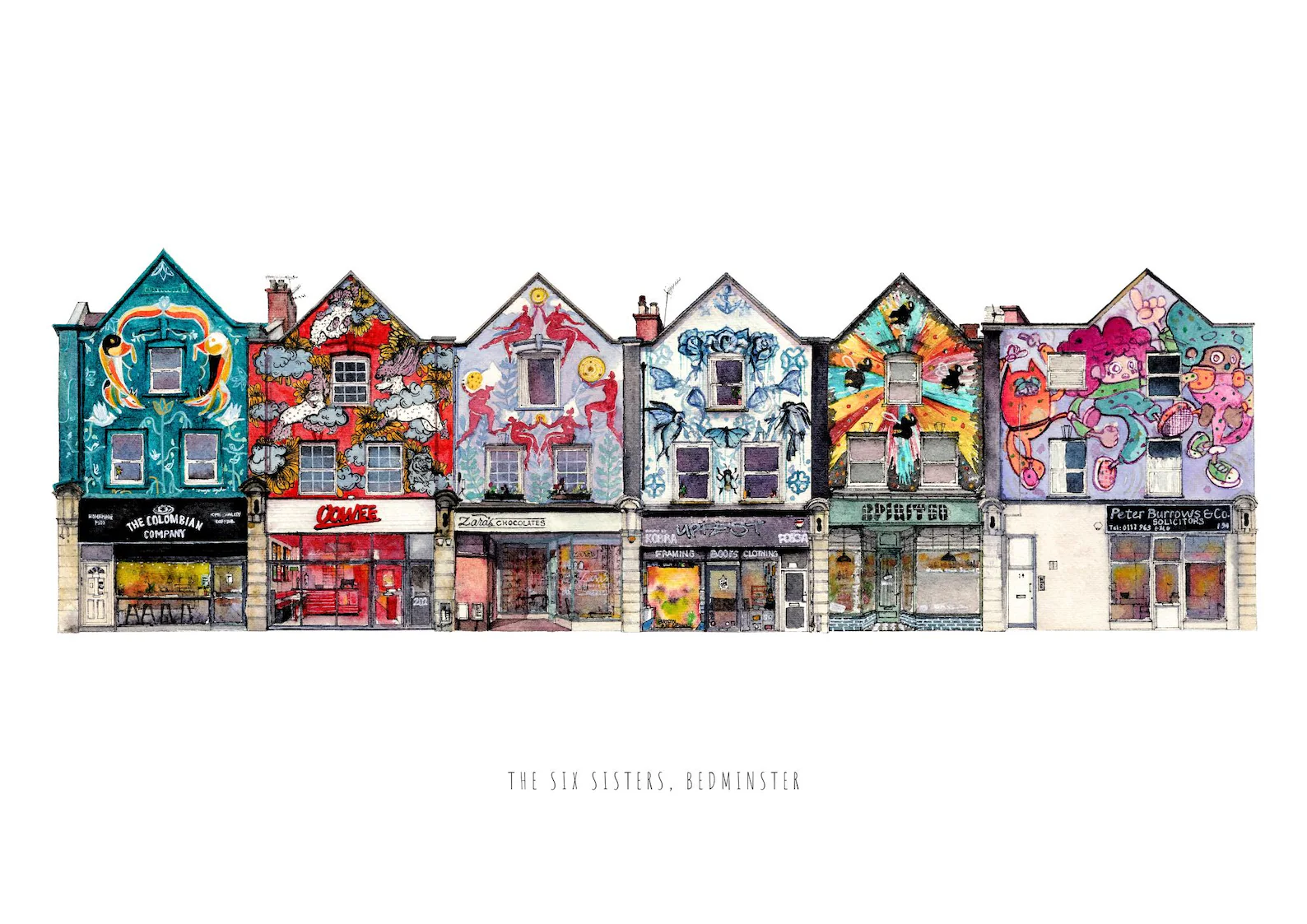 Colorful row of painted houses with shopfronts on a white background