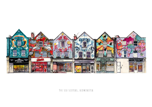 Colorful row of painted houses with shopfronts on a white background