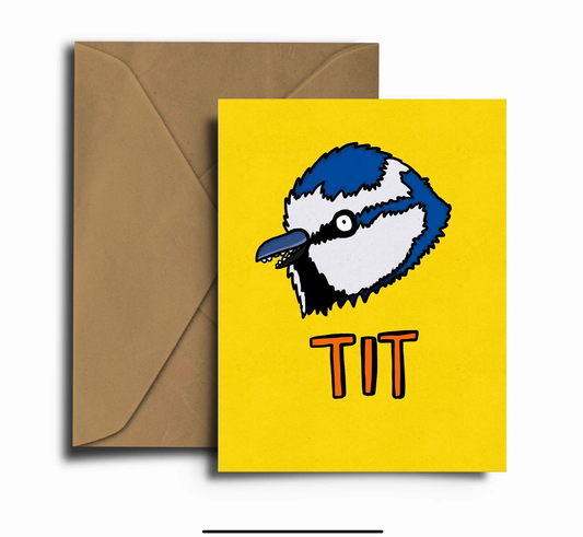 A digitally coloured pen and ink drawing of the head of a blue tit against a yellow background with the word Tit underneath. A6 Greetings card.