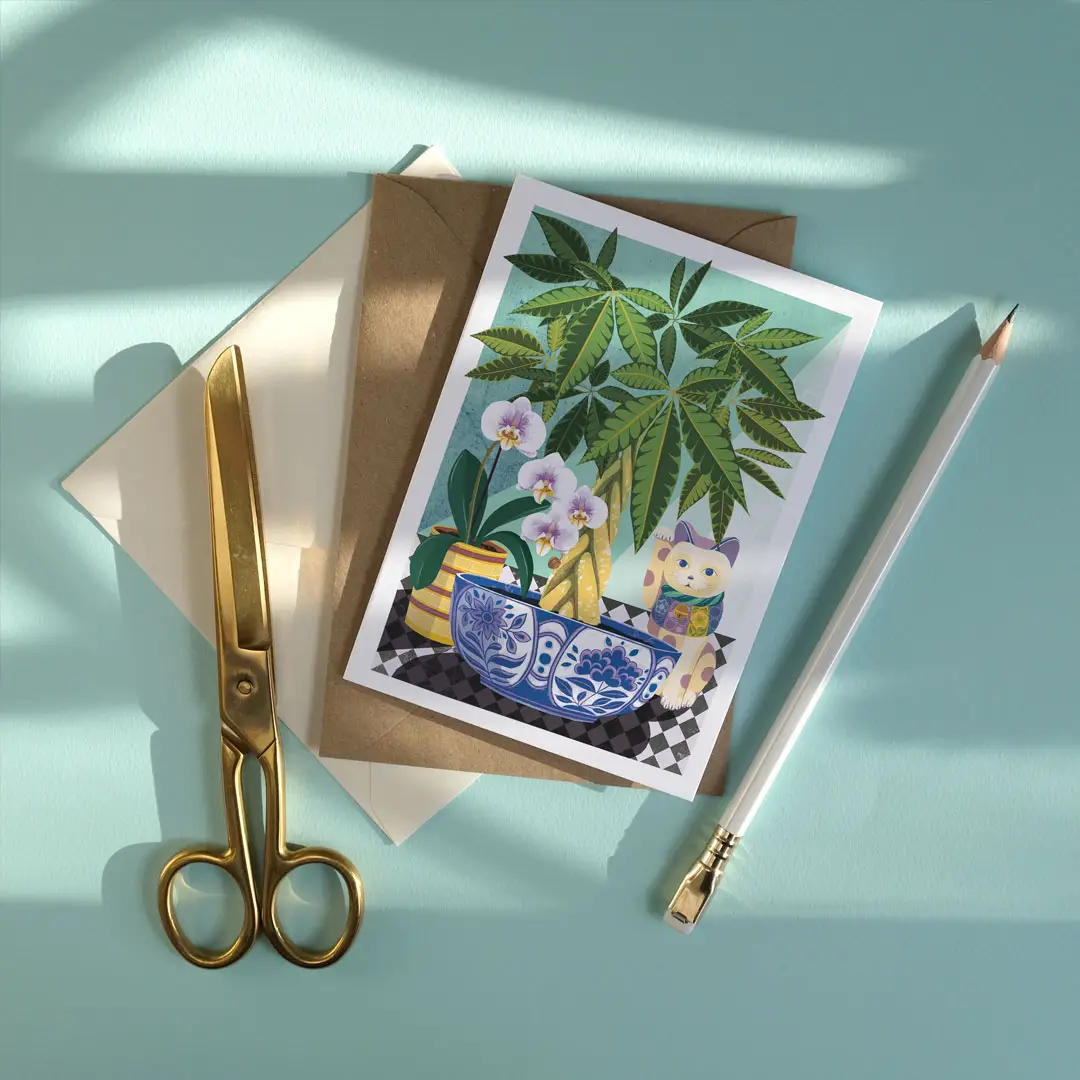 Risography print card with a money tree, orchid and lucky Cat.