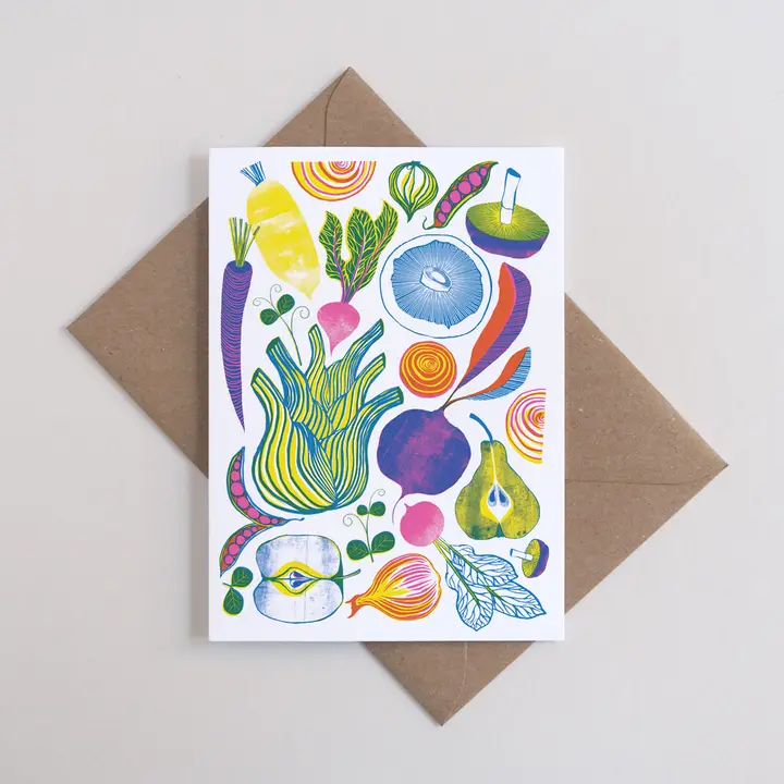 roots, shoots and fruits vibrant risograph print card