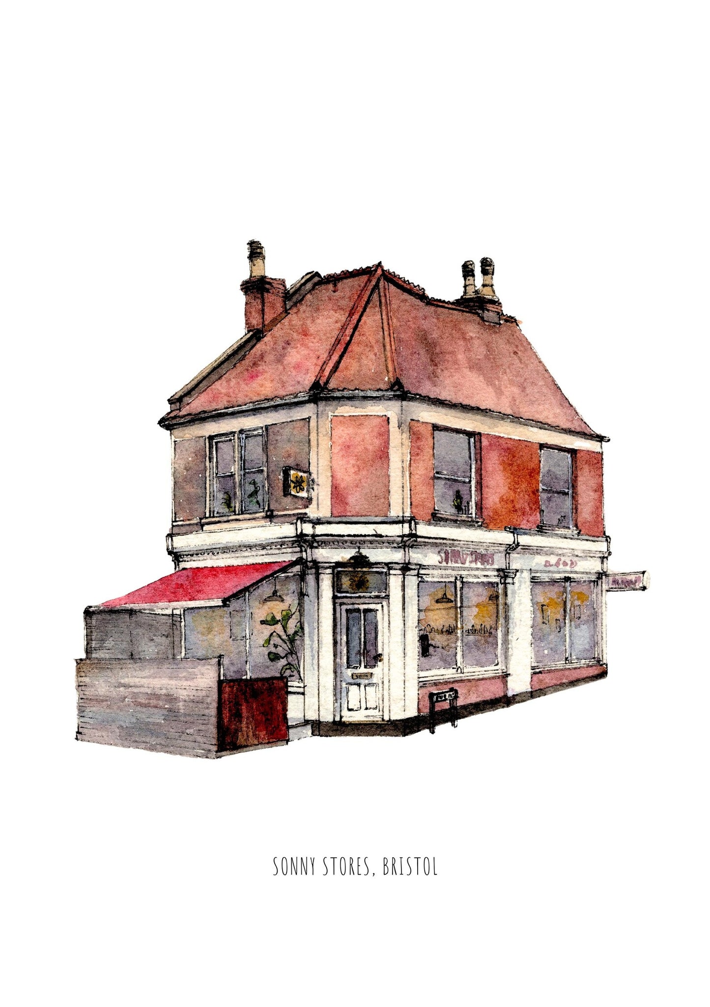 Illustration of a two-story house with a red roof on a white background, featuring the text 'Sonny Stories Bristol'.