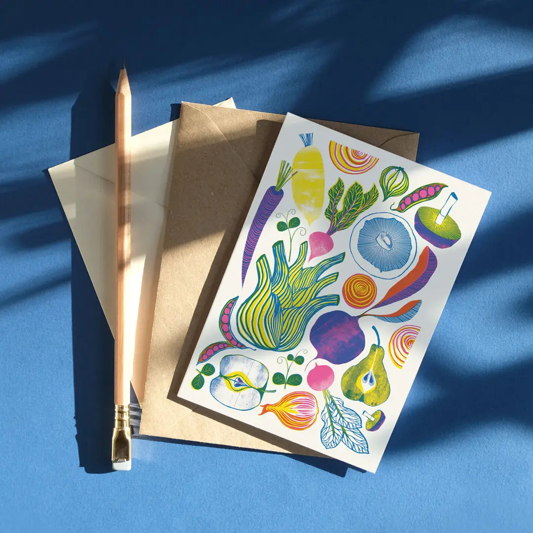 roots, shoots and fruits vibrant risograph print card