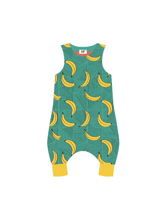 Organic cotton jersey romper with poppers on the shoulders (two settings so as baby grows so does the romper) and foldable ankle cuffs.  The print is  of bananas  on turquoise 