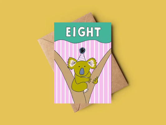 Card with a koala illustration and 'EIGHT' text on a yellow background