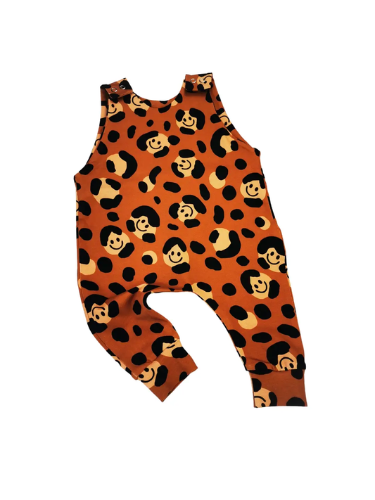 Leopard print with smiley faces organic cotton romper.