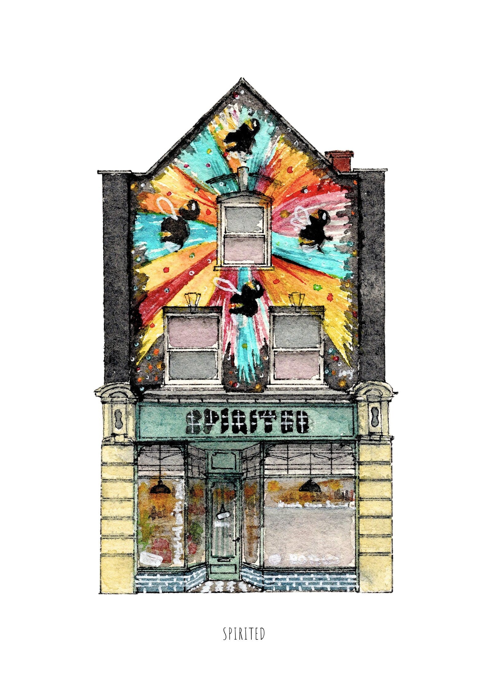 Colorful illustration of a building facade with artistic design elements.