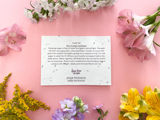 Floral drawing of flowers surrounding the words Happy Mother's Day Mum printed on seeded paper