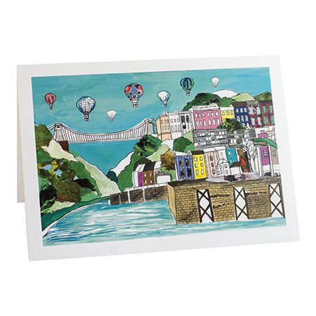 Colourful view of Clifton Suspension bridge with balloons in Bristol card. Card is blank inside.