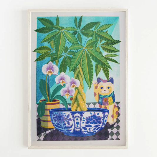 risograph print, with money tree, lucky cat, orchid plant