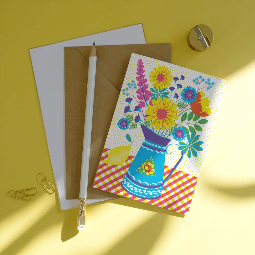 Risograph print card. Summer blooms vibrant colours of flowers in an enamel jug