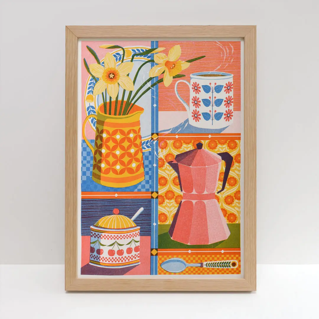 risograph print with vase of daffodils, French caffitiere and mug of coffee