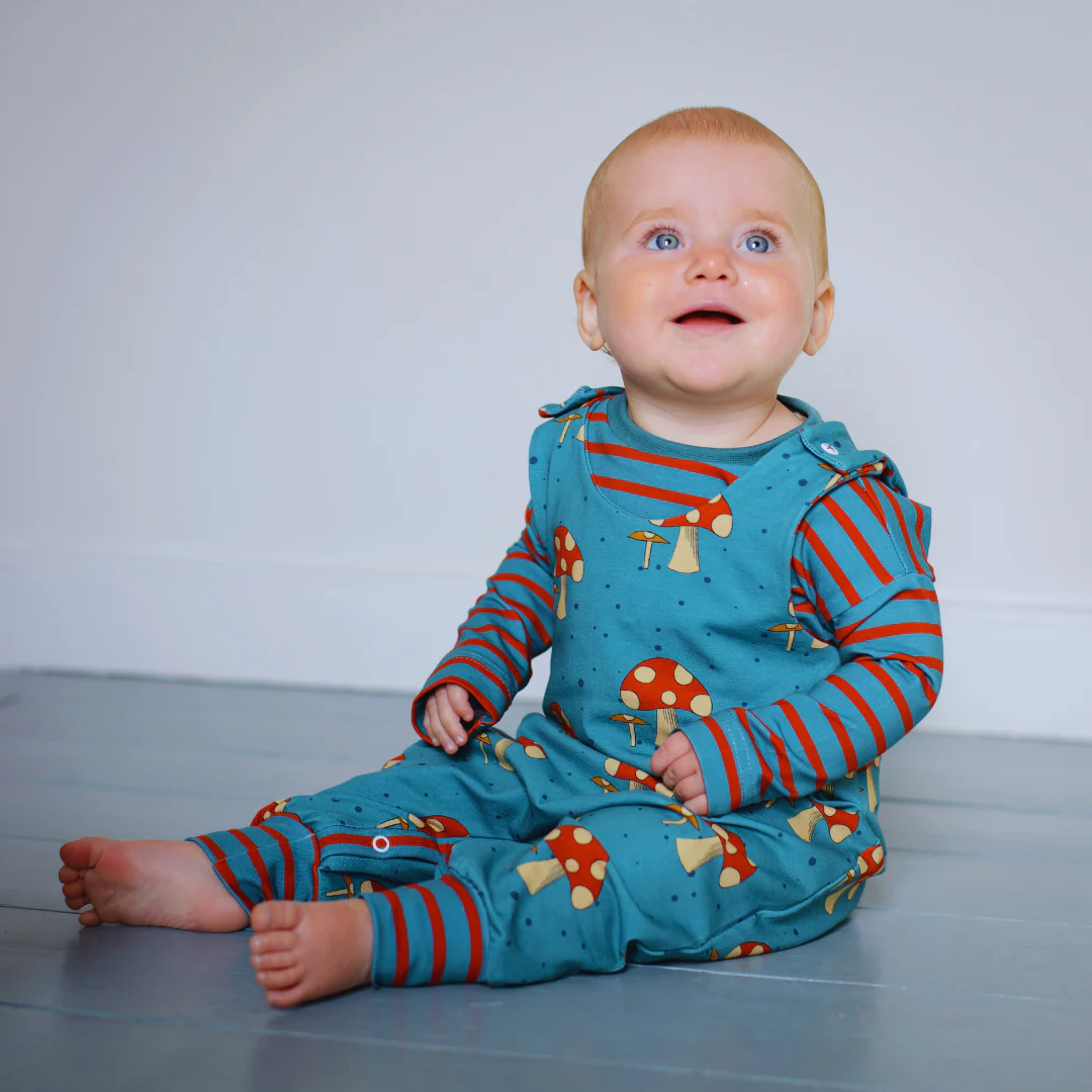  A seated baby wearing a toadstools on blue fabric romper suit with a stripy blue and red long sleeve top underneath.