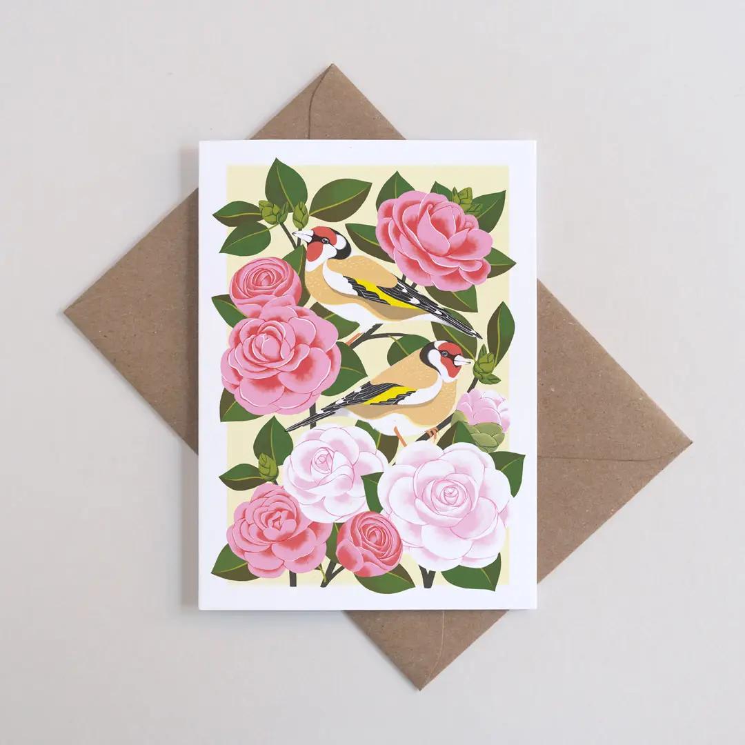 risograph print card Camille and gold crests