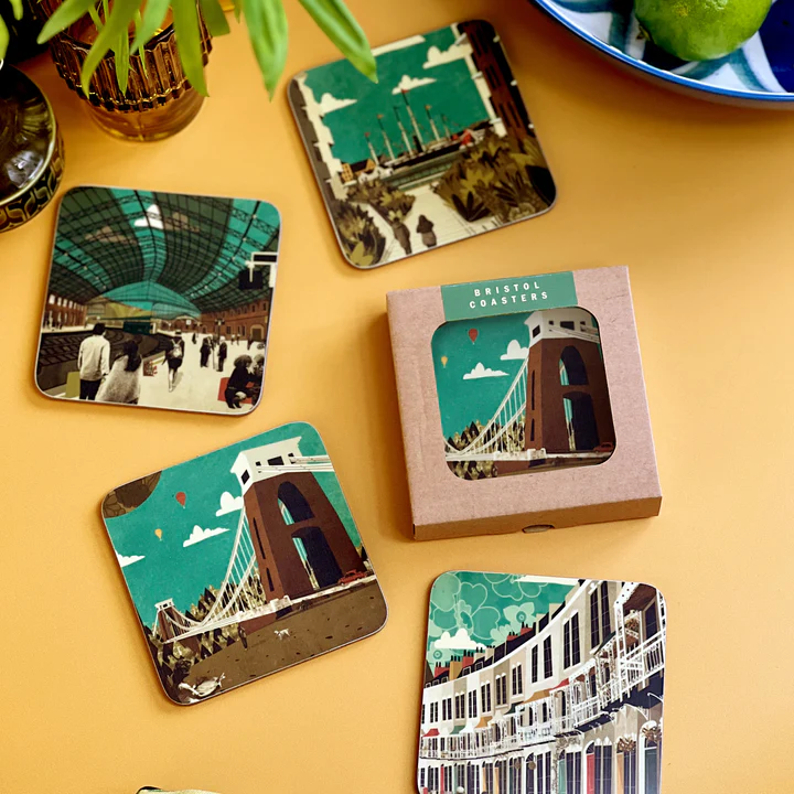 Set of 4 coasters depicting scenes of Bristol.