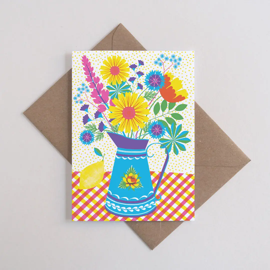 Risograph print card. Summer blooms vibrant colours of flowers in an enamel jug