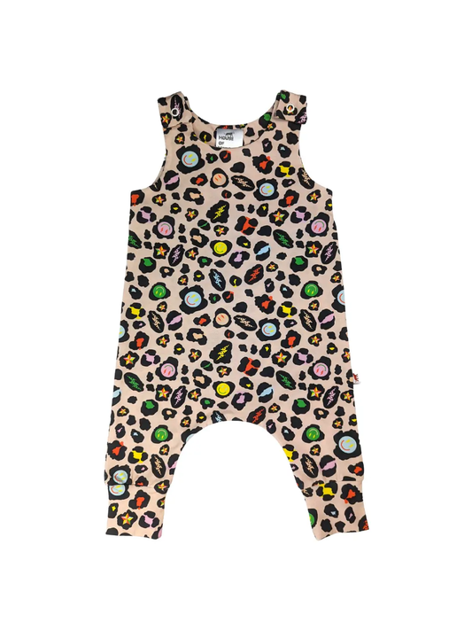 Electric Leopard romper organic cotton.  Poppers on shoulder.