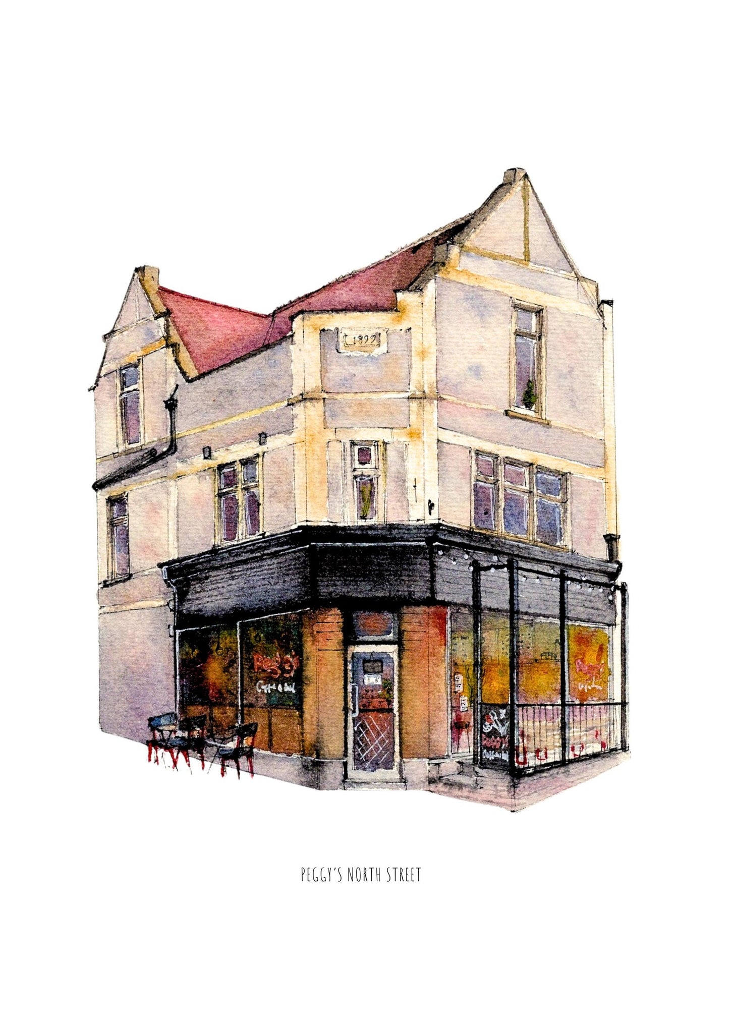 Illustration of a corner shop with a red roof on a white background