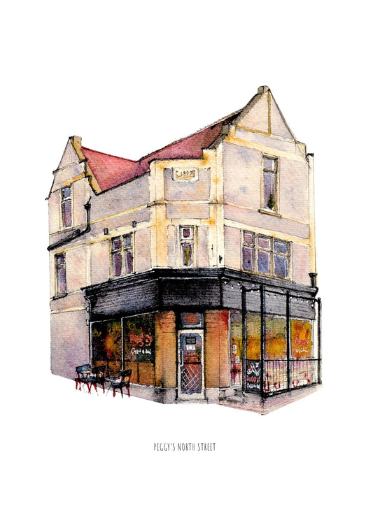 Illustration of a corner shop with a red roof on a white background