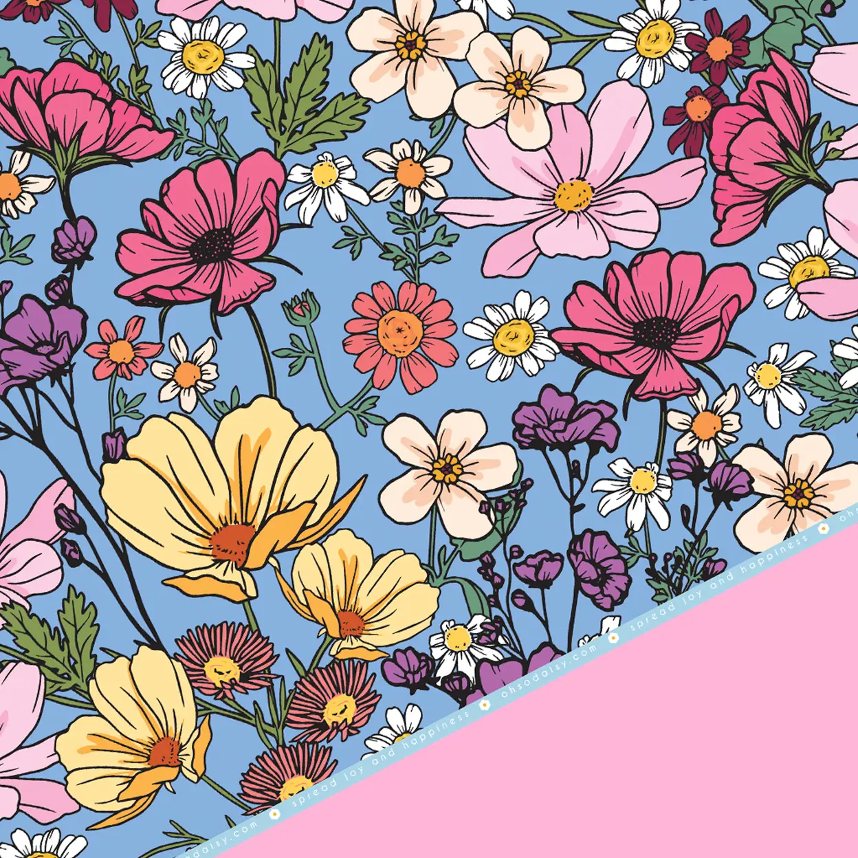 Gift Wrap.  Wrapping Paper.  Pink and Yellow summer flowers on a powder blue background.  Wrap for all occasions.